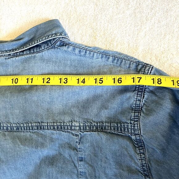 Per Se Shirt Denim Studs Roll Flip Sleeve Floral Blue 1X Button Hippie Boho Y2K - Picture 10 of 16